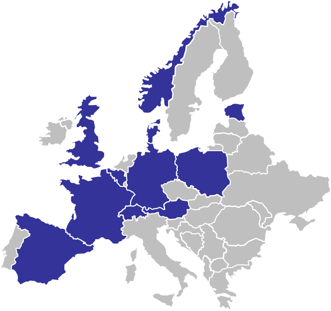 Map of Europe with hightlighted member countries with FutureID partners